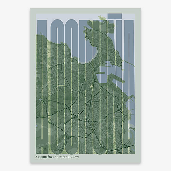 Decorative map of A Coruña and letters of its name in a giclée print designed in two green tones