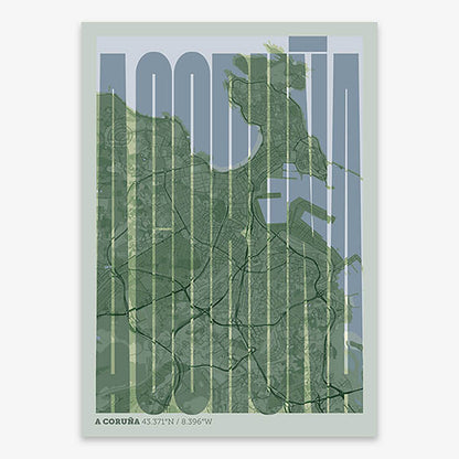 Decorative map of A Coruña and letters of its name in a giclée print designed in two green tones