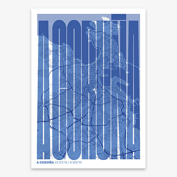 Decorative map of A Coruña and letters of its name in a giclée print designed in navy blue and white