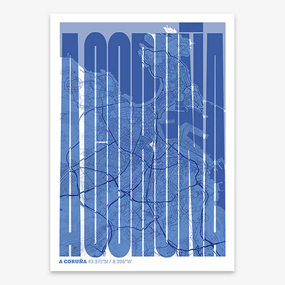 Decorative map of A Coruña and letters of its name in a giclée print designed in navy blue and white