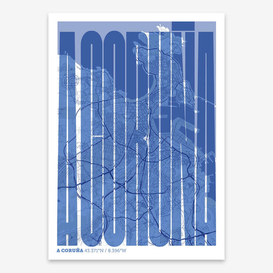 The map of A-Coruna and letters of its name in a giclée print designed in navy blue and white