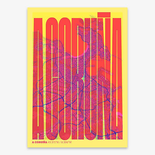 Decorative map of A Coruña and letters of its name in a giclée print designed in yellow and fuchsia