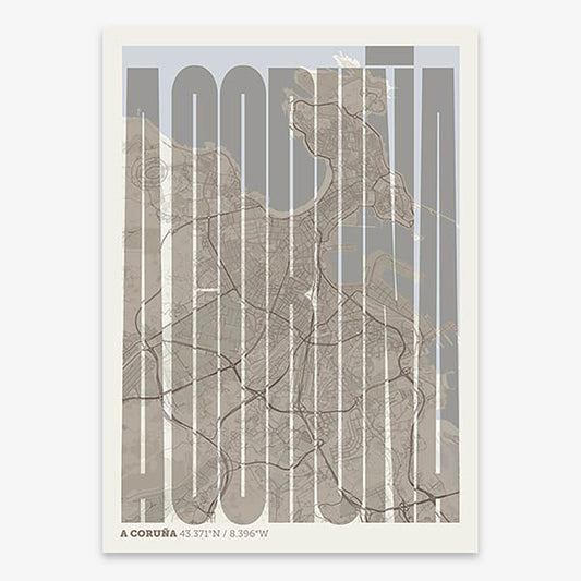 Decorative map of A Coruña and letters of its name in a giclée print designed in light brown and an off-white background