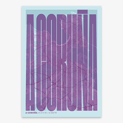 Decorative map of A Coruña and letters of its name in a giclée print designed in purple and light blue