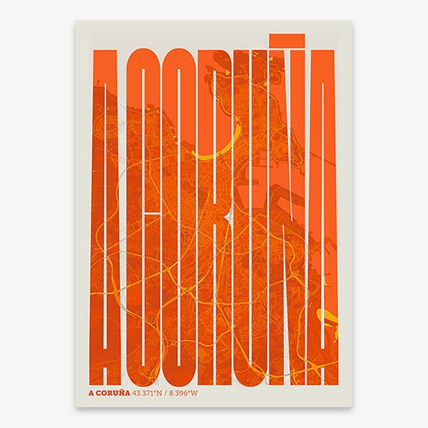 Decorative map of A Coruña and letters of its name in a giclée print designed in orange and an off-white background