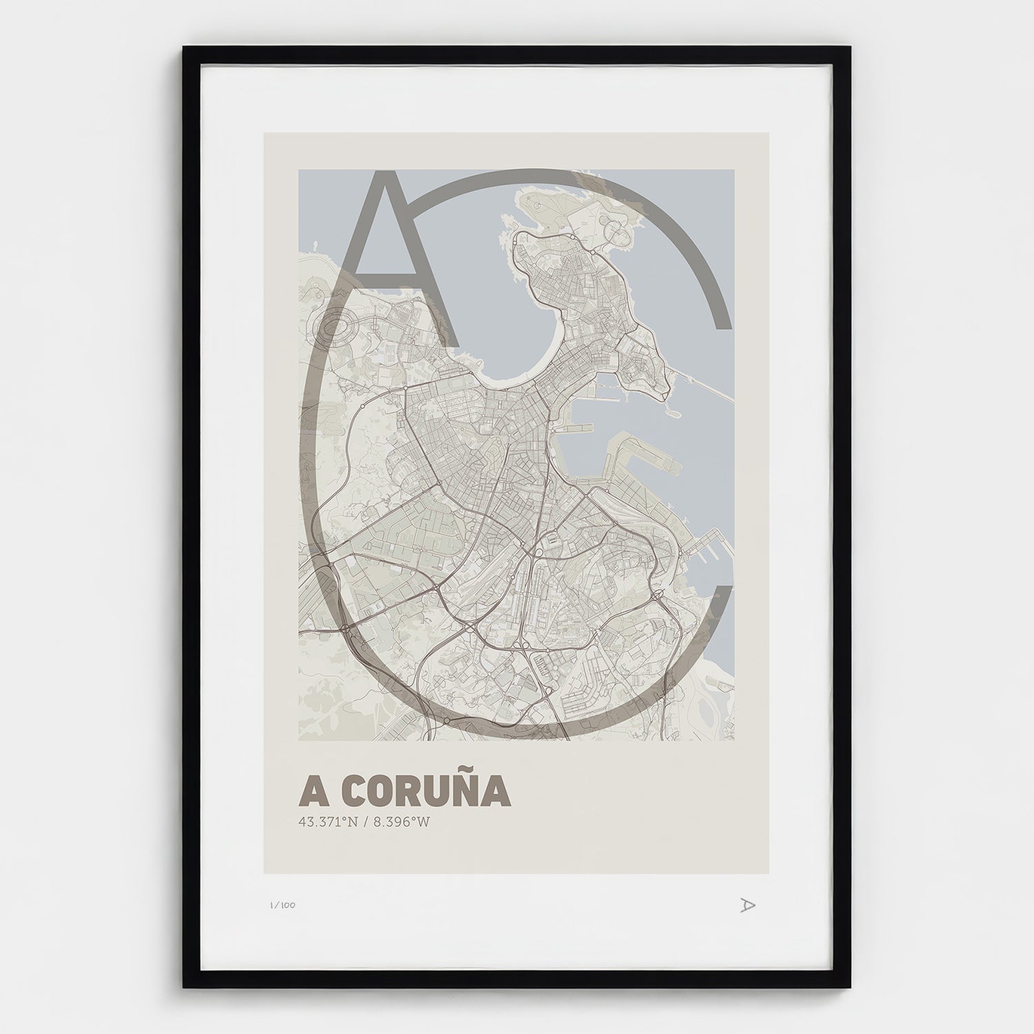 Lámina tipográfica de A Coruña – diseño Ultrafina, marco negro