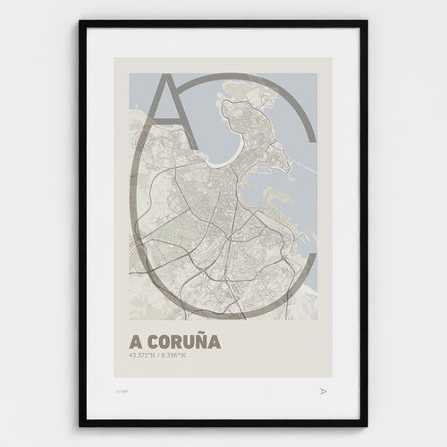 Lámina tipográfica de A Coruña – diseño Ultrafina, marco negro