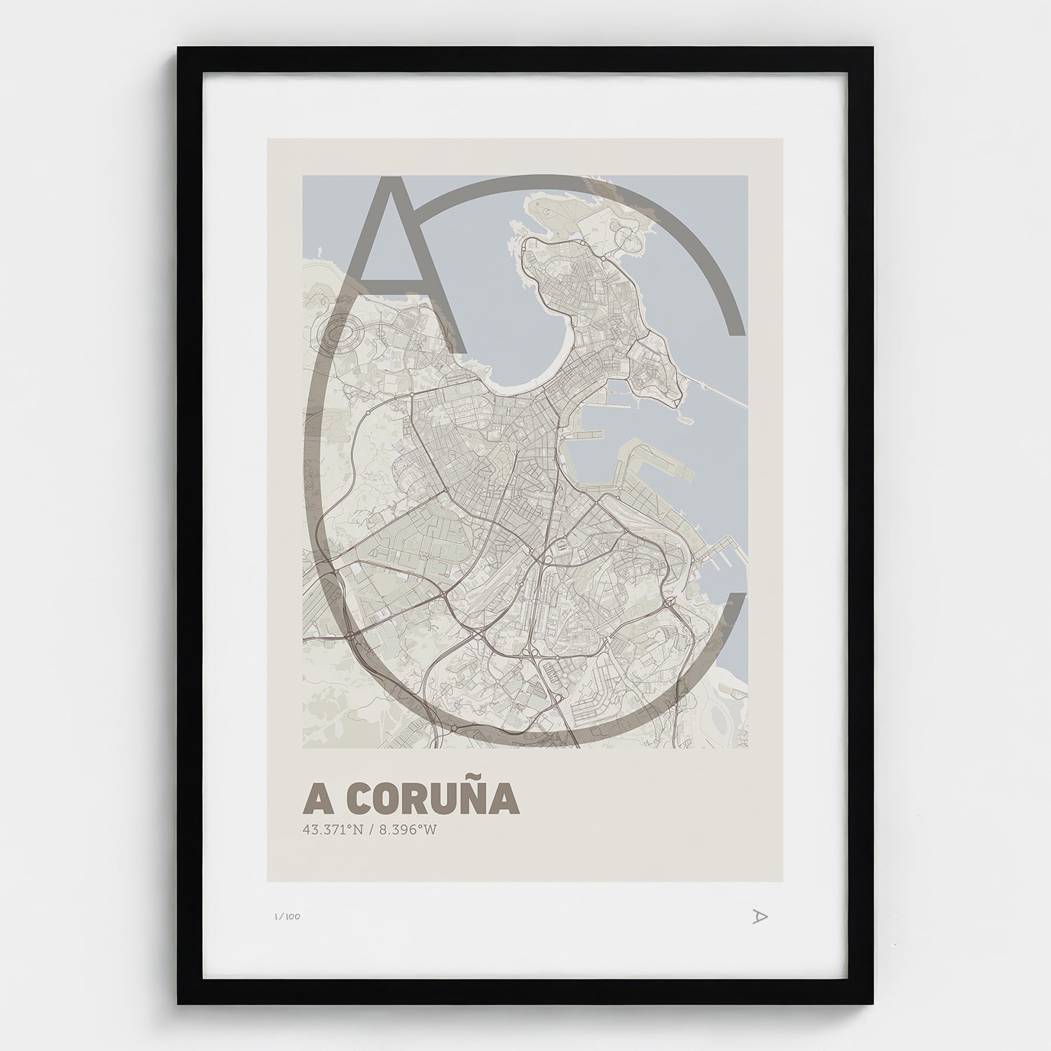 Lámina tipográfica de A Coruña – diseño Ultrafina, marco negro