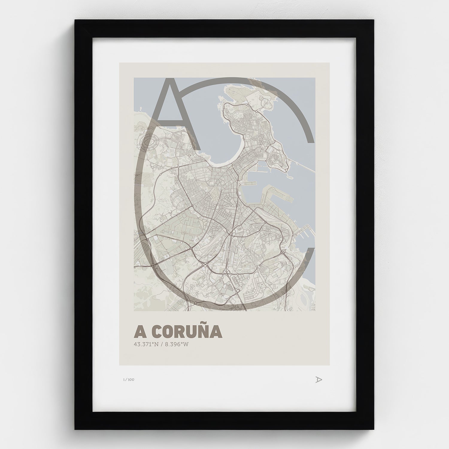 Lámina tipográfica de A Coruña – diseño Ultrafina, marco negro