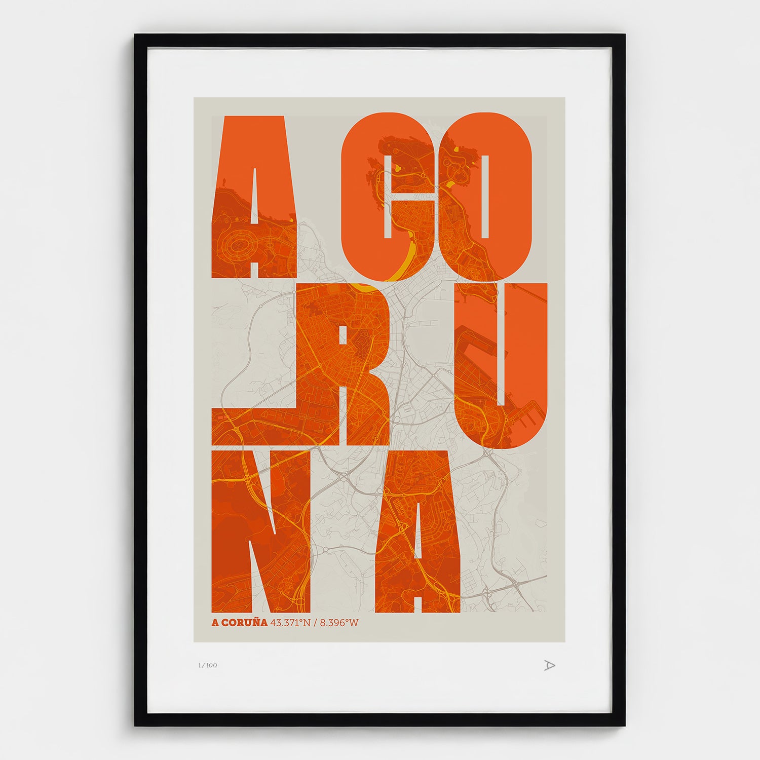 Lámina tipográfica de A Coruña – diseño Revoltosa, marco negro