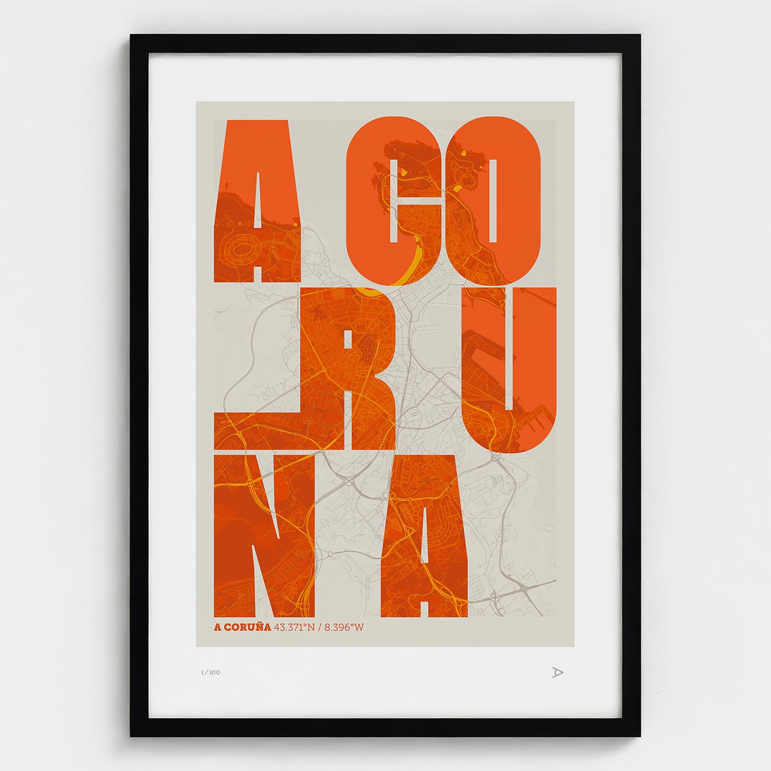Lámina tipográfica de A Coruña – diseño Revoltosa, marco negro