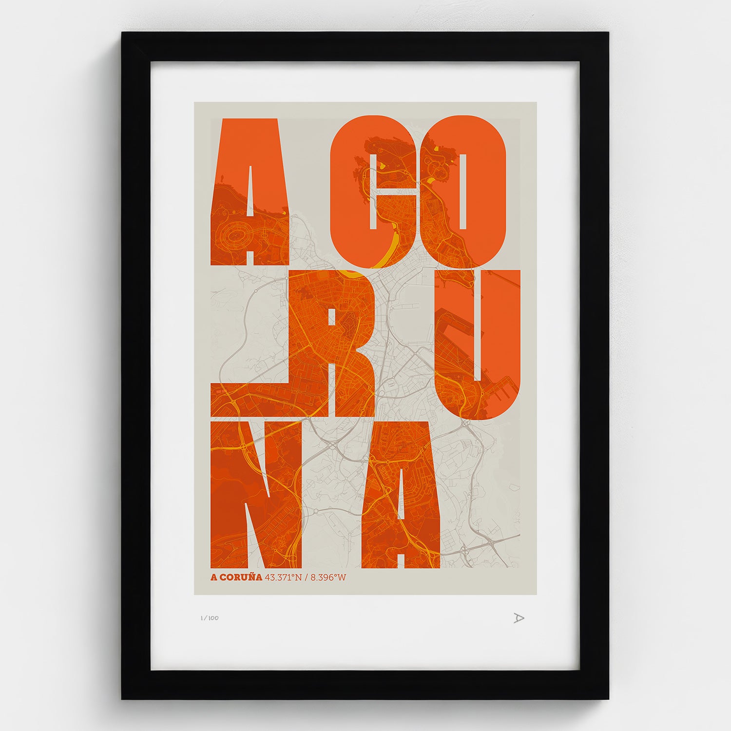 Lámina tipográfica de A Coruña – diseño Revoltosa, marco negro