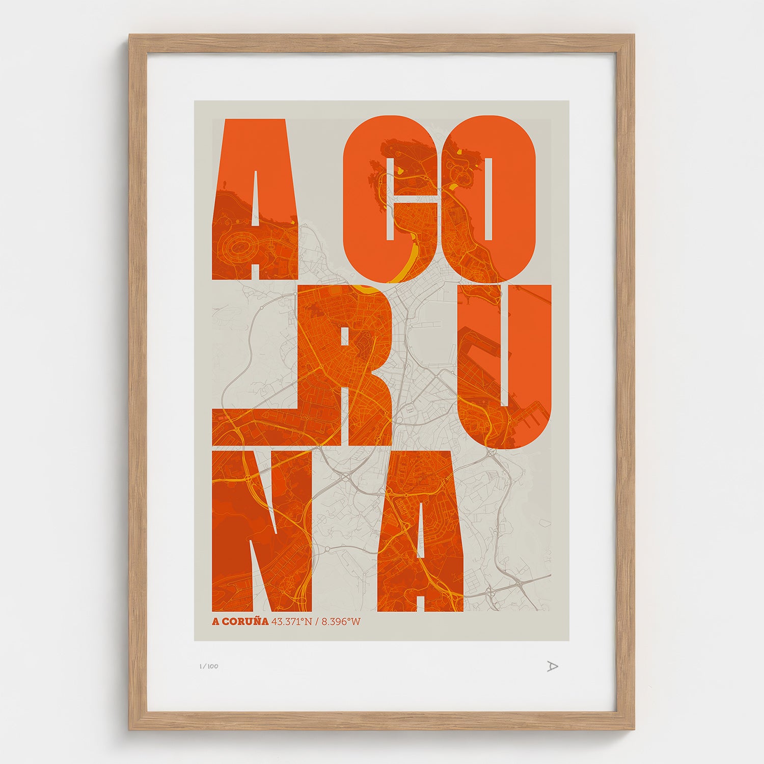 Lámina tipográfica de A Coruña – diseño Revoltosa, marco de madera natural