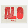 Decorative print of Alacant composed with letters in a heavy geometric font printed on red and an off-white background