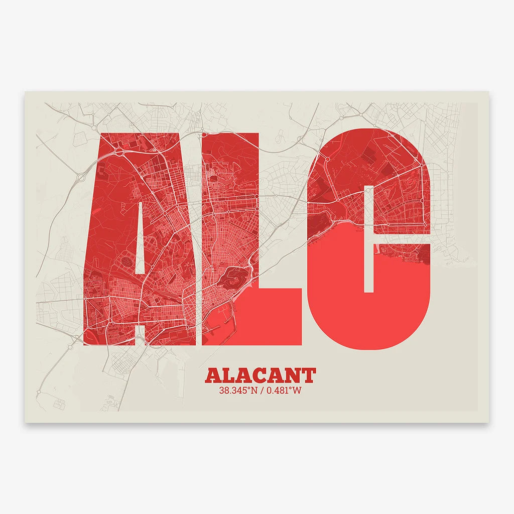 Decorative print of Alacant composed with letters in a heavy geometric font printed on red and an off-white background