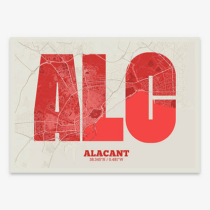 Decorative print of Alacant composed with letters in a heavy geometric font printed on red and an off-white background