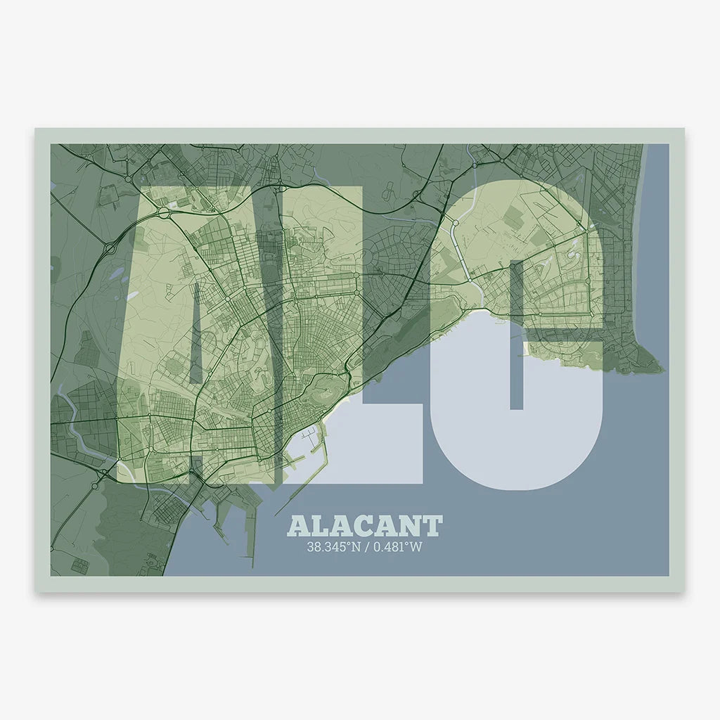 Decorative print of Alacant composed with letters in a heavy geometric font printed on two green tones