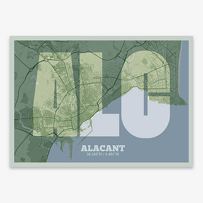 Decorative print of Alacant composed with letters in a heavy geometric font printed on two green tones