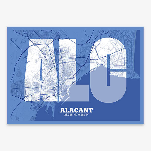 Decorative print of Alacant composed with letters in a heavy geometric font printed on navy blue and white