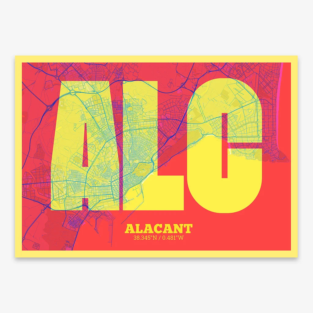 Decorative print of Alacant composed with letters in a heavy geometric font printed on yellow and fuchsia