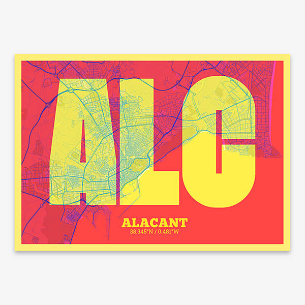 Decorative print of Alacant composed with letters in a heavy geometric font printed on yellow and fuchsia