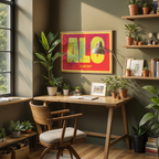 Modern interior design with a Alacant in Super Bold design, a typographic poster where the city map is overlaid with extra-thick lettering for a modern, high-impact look designed in yellow and fuchsia, displayed on a living room wall