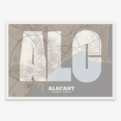 Decorative print of Alacant composed with letters in a heavy geometric font printed on light brown and an off-white background