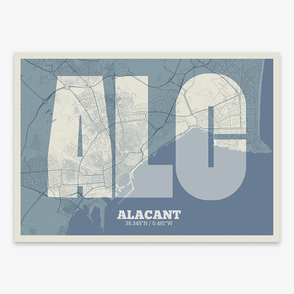 Decorative print of Alacant composed with letters in a heavy geometric font printed on bluish gray and an off-white background