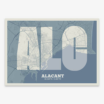 Decorative print of Alacant composed with letters in a heavy geometric font printed on bluish gray and an off-white background