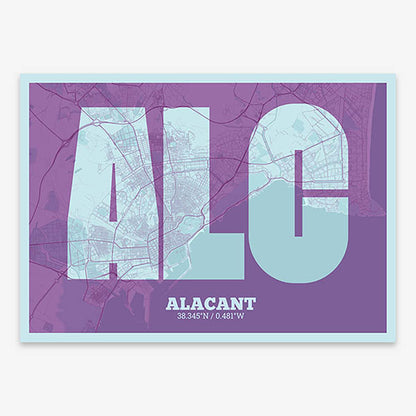 Decorative print of Alacant composed with letters in a heavy geometric font printed on purple and light blue