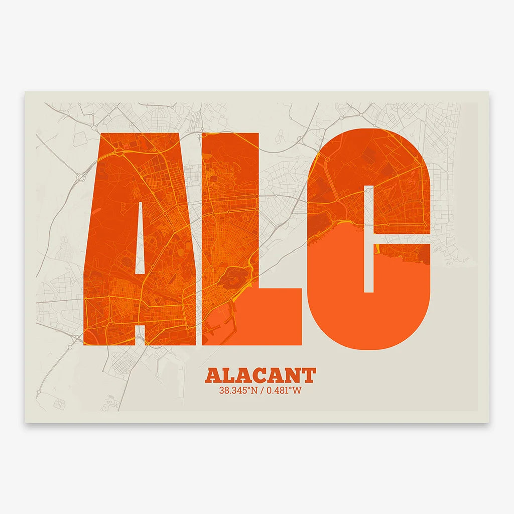 Decorative print of Alacant composed with letters in a heavy geometric font printed on orange and an off-white background