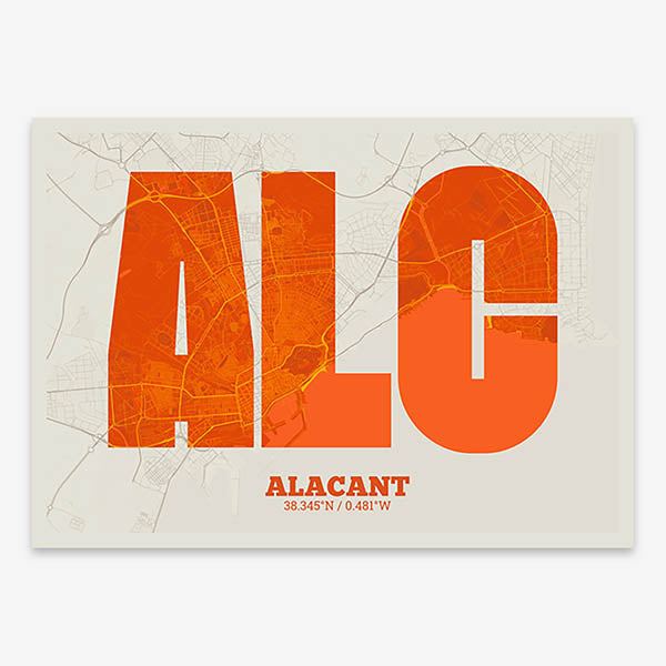 Decorative print of Alacant composed with letters in a heavy geometric font printed on orange and an off-white background