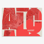 Poster of Alacant composed with letters from its abbreviation or its airport IATA code printed on red and an off-white background