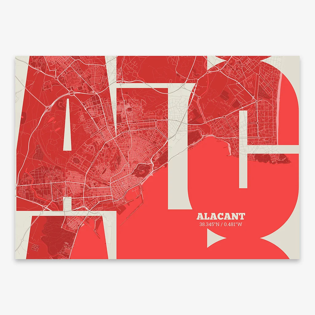 Poster of Alacant composed with letters from its abbreviation or its airport IATA code printed on red and an off-white background