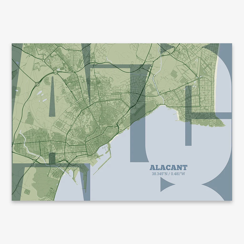 Poster of Alacant composed with letters from its abbreviation or its airport IATA code printed on two green tones