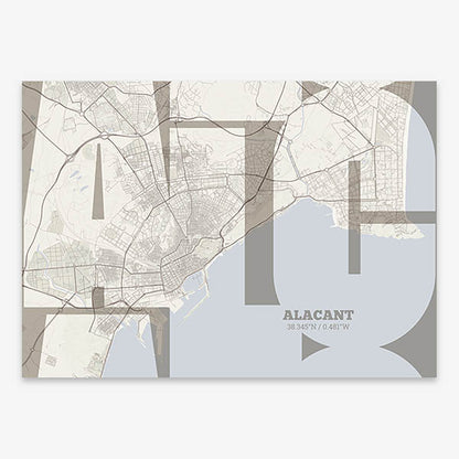 Poster of Alacant composed with letters from its abbreviation or its airport IATA code printed on light brown and an off-white background