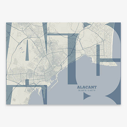 Poster of Alacant composed with letters from its abbreviation or its airport IATA code printed on bluish gray and an off-white background