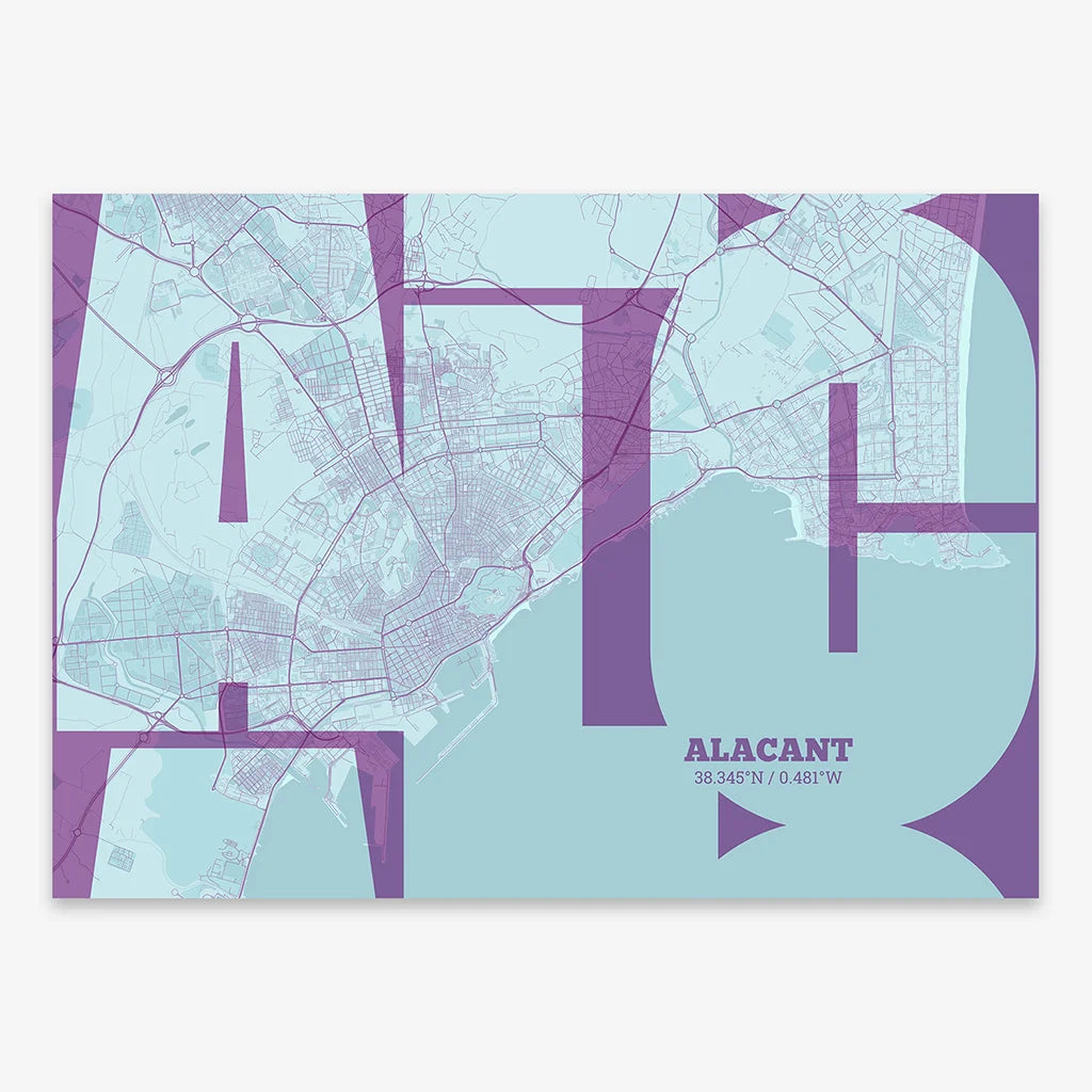 Poster of Alacant composed with letters from its abbreviation or its airport IATA code printed on purple and light blue