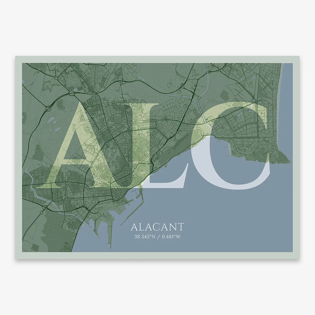 Decorative map of Alacant composed with letters in serif font printed on two green tones
