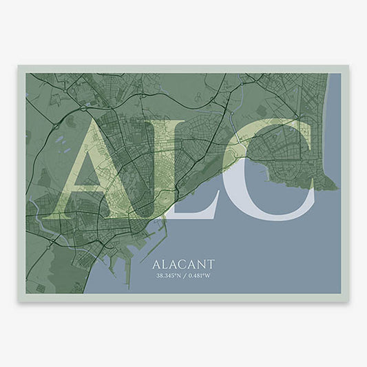 Decorative map of Alacant composed with letters in serif font printed on two green tones
