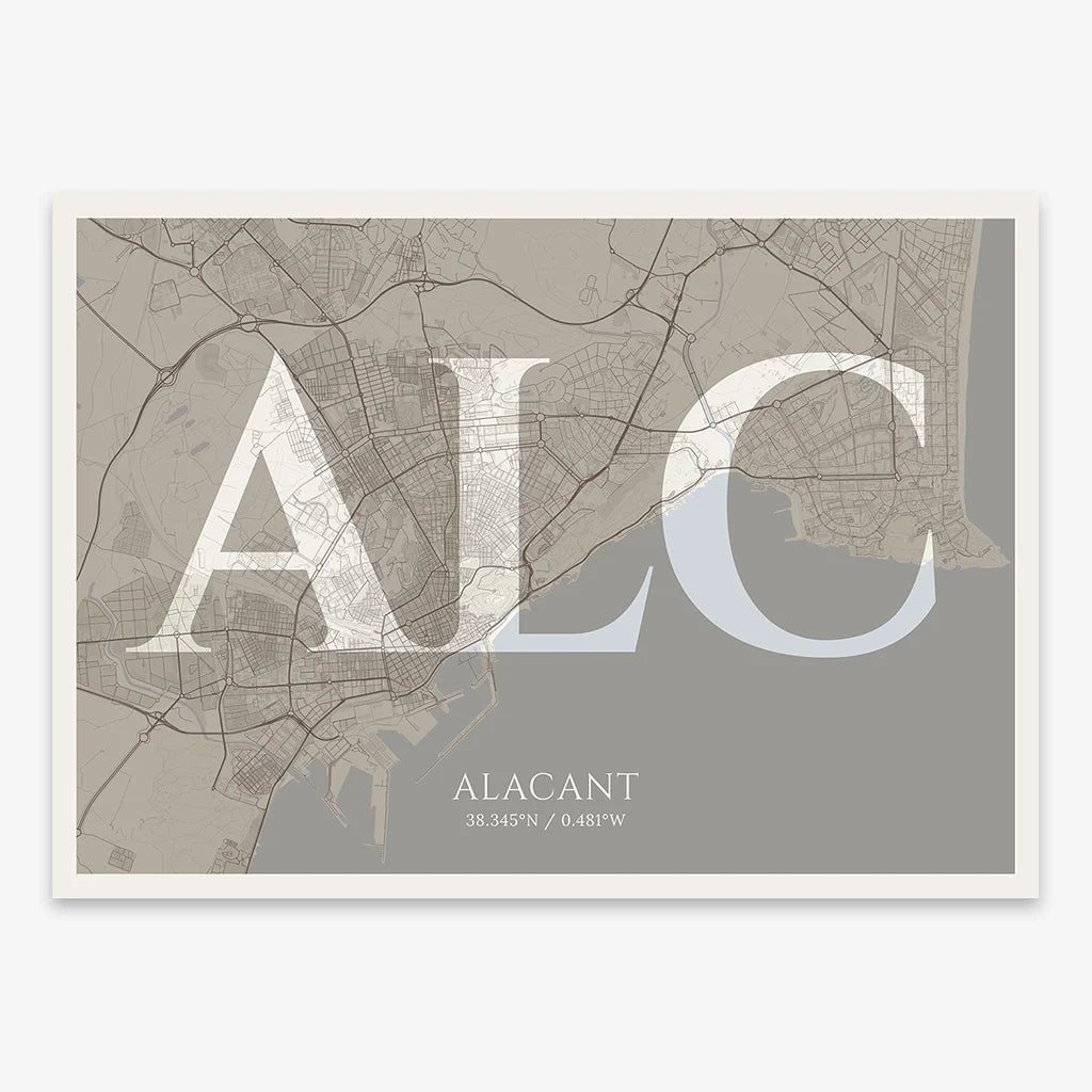 Decorative map of Alacant composed with letters in serif font printed on light brown and an off-white background