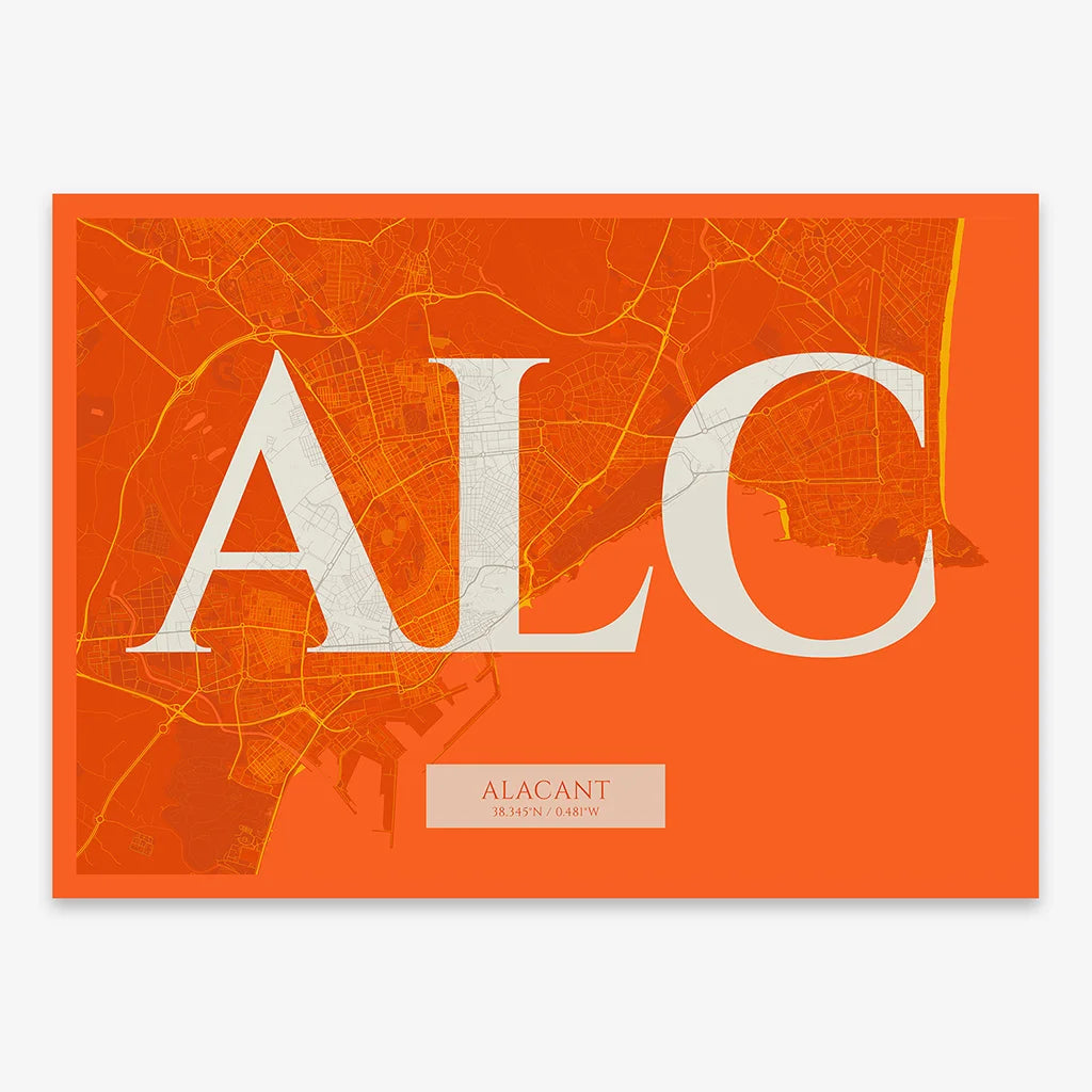 Decorative map of Alacant composed with letters in serif font printed on orange and an off-white background