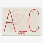 Poster of Alacant composed with letters in extra light font printed on red and an off-white background