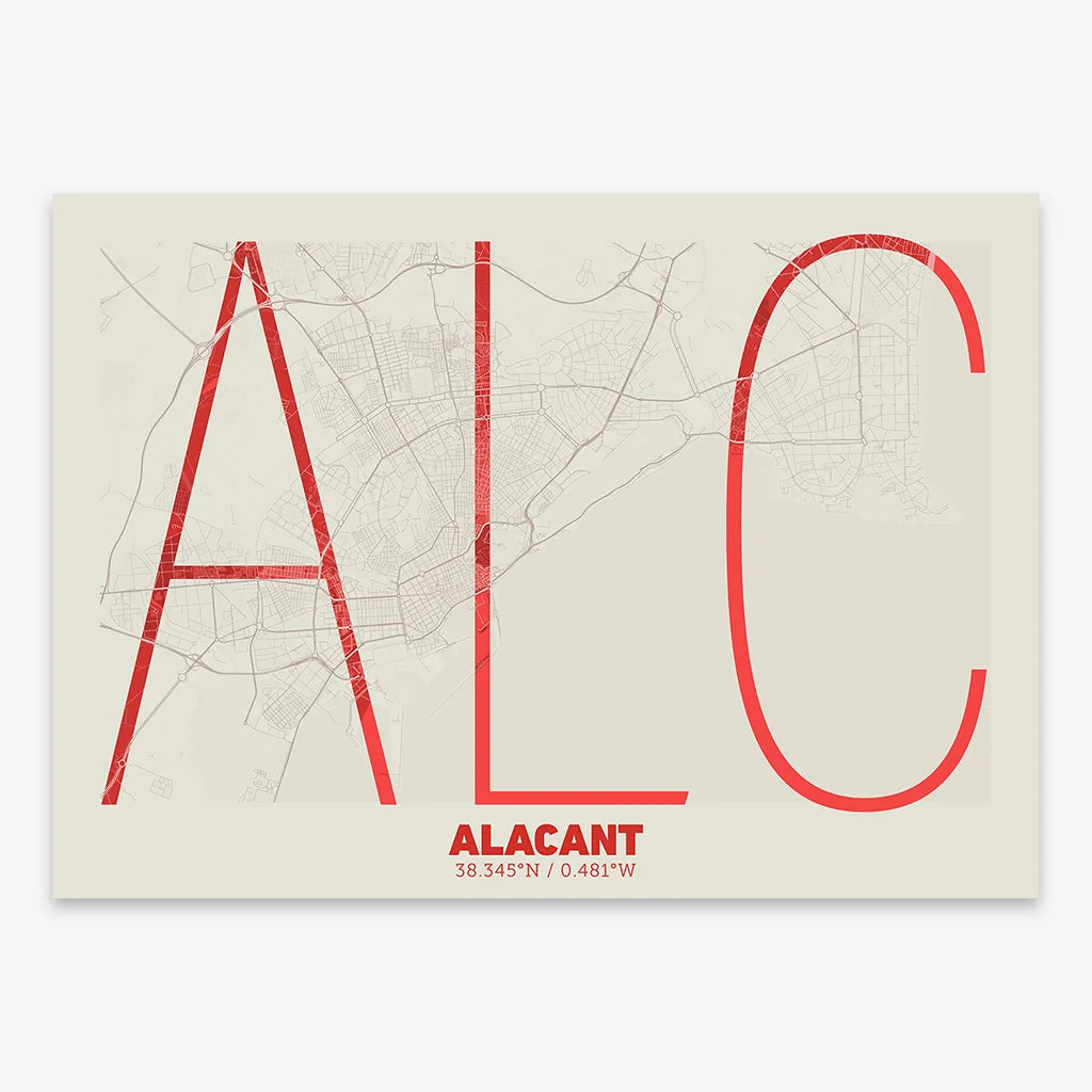 Poster of Alacant composed with letters in extra light font printed on red and an off-white background
