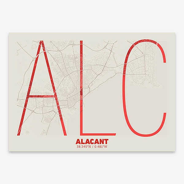 Poster of Alacant composed with letters in extra light font printed on red and an off-white background