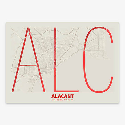 Poster of Alacant composed with letters in extra light font printed on red and an off-white background