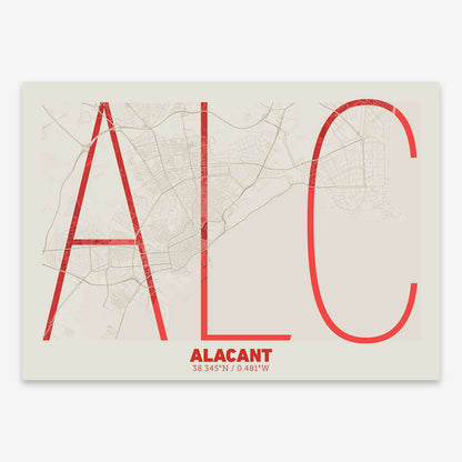 The map of Alacant composed with letters in extra light font printed on red and an off-white background