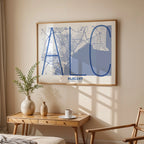 Modern interior design with a Alacant in Ultralight design, a minimalist aesthetic combining urban cartography with modern, extra-thin elegant lettering designed in navy blue and white, displayed on a living room wall