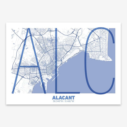 The map of Alacant composed with letters in extra light font printed on navy blue and white
