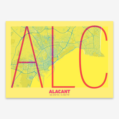 The map of Alacant composed with letters in extra light font printed on yellow and fuchsia